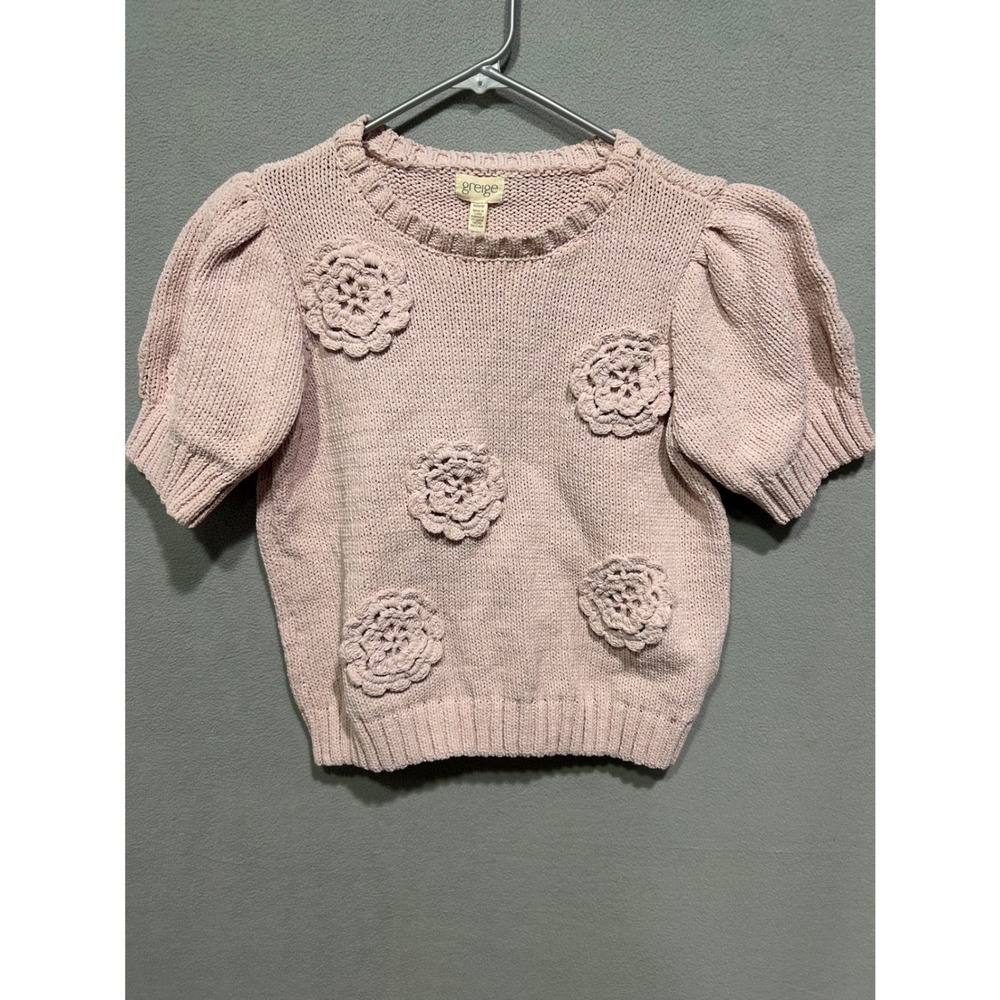 Greige Sweater Womens Medium Pink Puff Sleeve 3D Floral Crochet Cottagecore